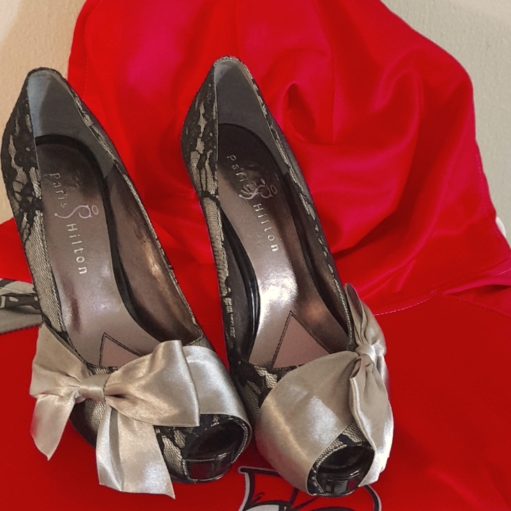 Paris Hilton Grey Bow Tie Heels